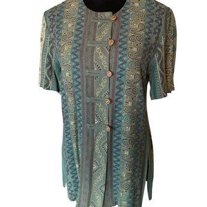 R&M Richards 70s Asian Blouse: Lightweight Tunic Olive Green Gold Size 12 Petite